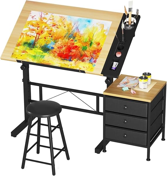 Dripex Adjustable Drafting Table, Art Drawing Table with Stool & Drawer