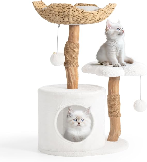 Easyego Modern Cat Tree, 26.3" Aesthetic Wood Cat Tree Tower for Large Cats, Luxury Cat Condo with Scratching Posts and Flower Platforms, Cat Furniture, Pure White