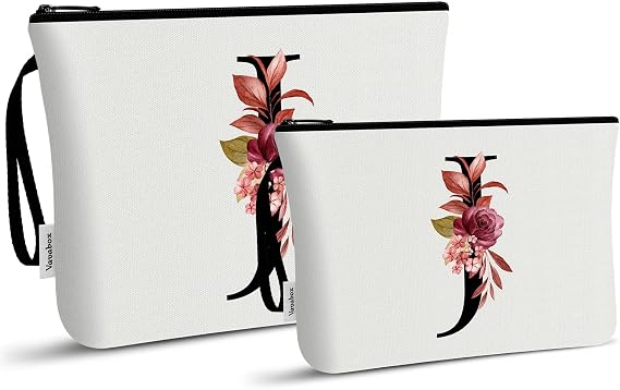 Vavabox 2Pcs Initial Toiletry Bags Set Birthday Gifts for Women (J, White)