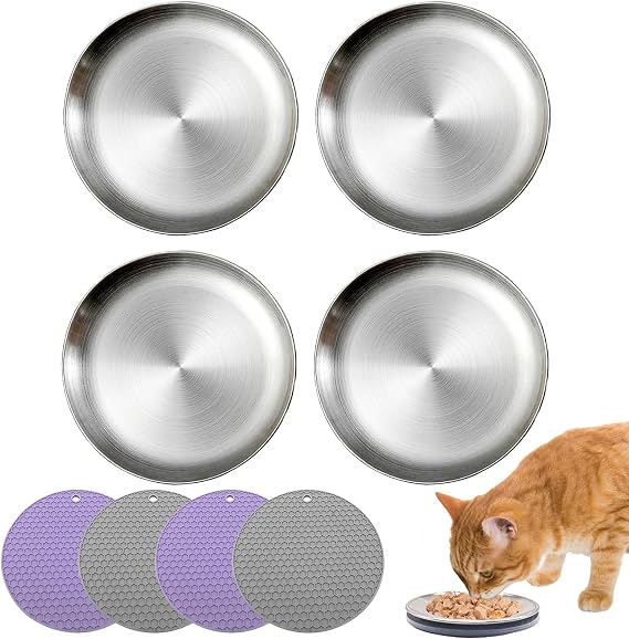 Stainless Steel Cat Dish Shallow Bowls Whisker Fatigue Cat Metal Plate with Non-Slip Pads for Wet Food Puppies Cats Kittens (4 PCS, 6.49 inch)