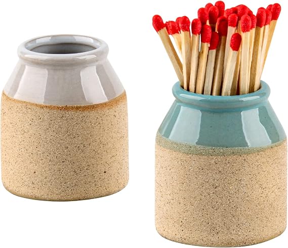 2 Pack Ceramic Match Holder with Striker Base Small Toothpick Qtip Jar Set
