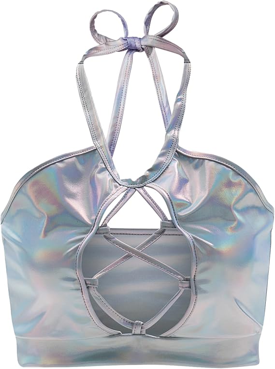 Women's Liquid Metallic Crop Top Shiny Sleeveless Holographic Party Club Tank Top