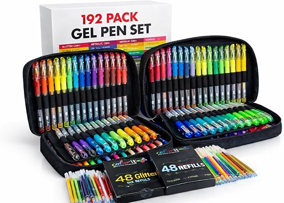 ColorIt Gel Pens Set for Coloring 192 Pack with 12 Metallic, 12 Neon, 72 Glitter Gel Pens - 96 Refills & 2 Travel Cases - Vibrant Colors for Journaling, Writing, Coloring Books, Creative Projects