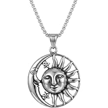 YWMAN Sun Moon Necklace, Silver Celestial Sun Face Pendant, Stainless Steel Box Chain