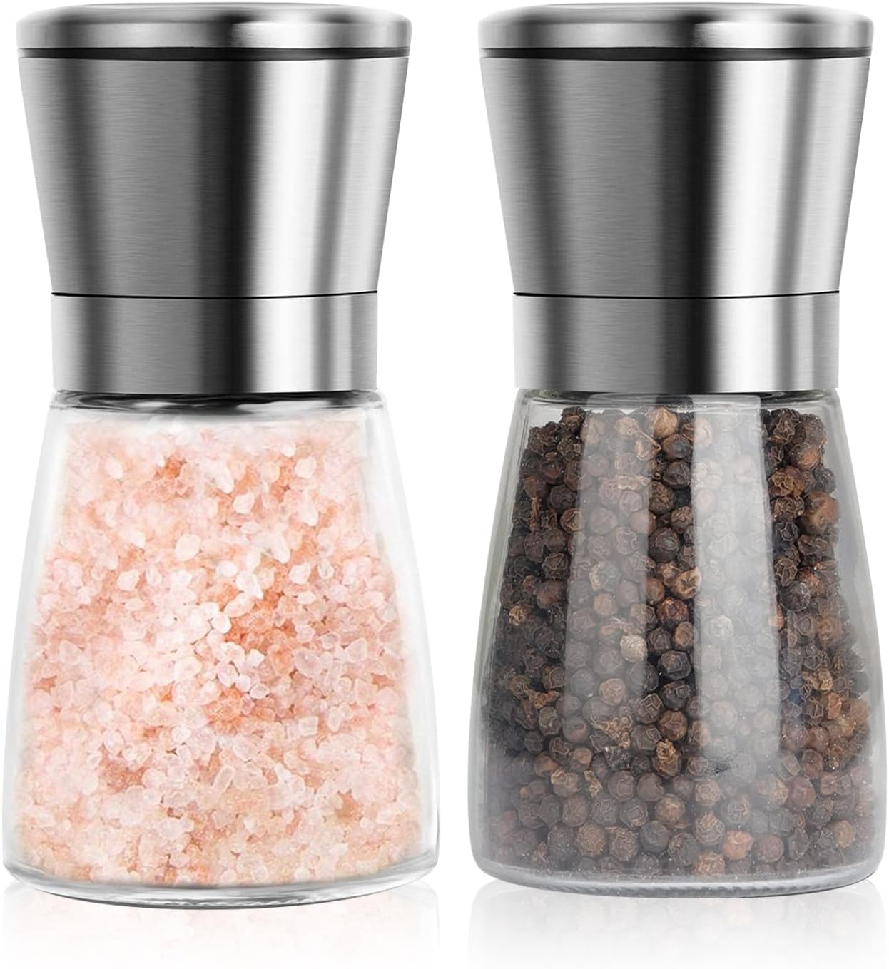 Salt and Pepper Grinder Set Stainless Steel Refillable Manual Spice Mill with Glass Bottle Container and Adjustable Coarseness (Without Spice Content, 2 Pack)