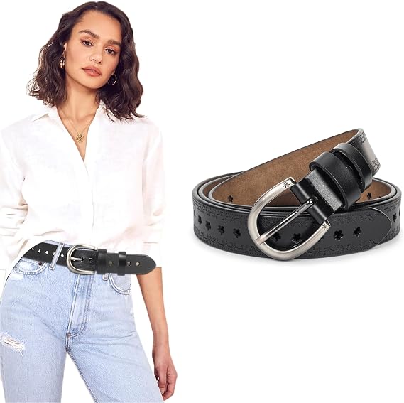 Womens Vintage Leather-Belt Adjustable Hollow-Flower Genuine-Cowhide Waist-Belt with Pin Buckle for Jeans Dresses