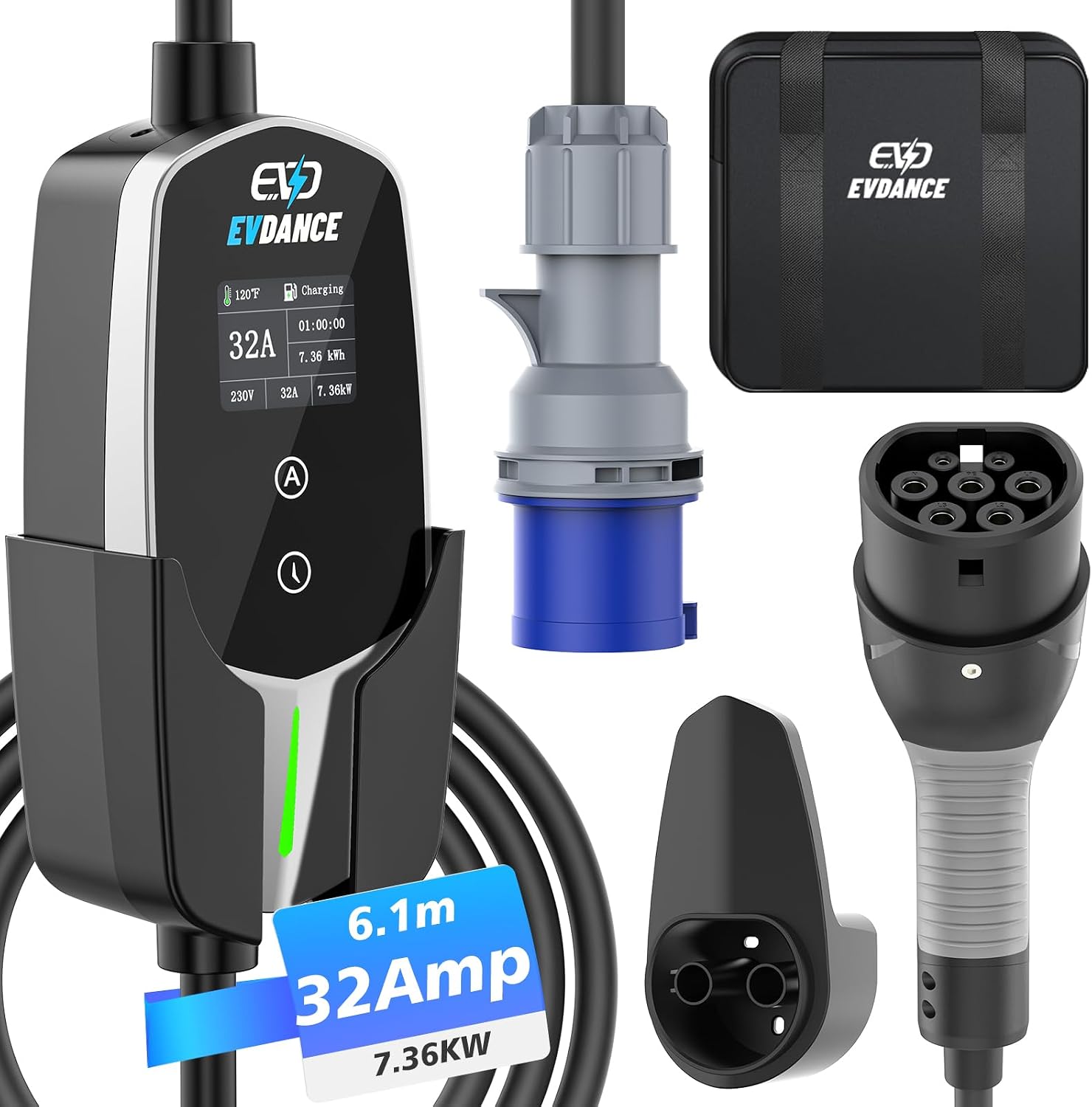 EVDANCE EV Charger Type 2 to CEE Plug [7.36KW, 1 Phase, 6.1M20ft, 10A-32A] 12 Hours Delay Timer, IP66 Waterproof, Electric Car Charger Cable with Commando Plug and LED Display, Sliver