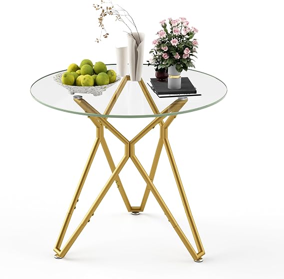 Modern Round Tempered Glass Dining Table, Clear Small Reception Table with Gold Metal Legs for Dining Room Living Room Office (35.4" Round Table)