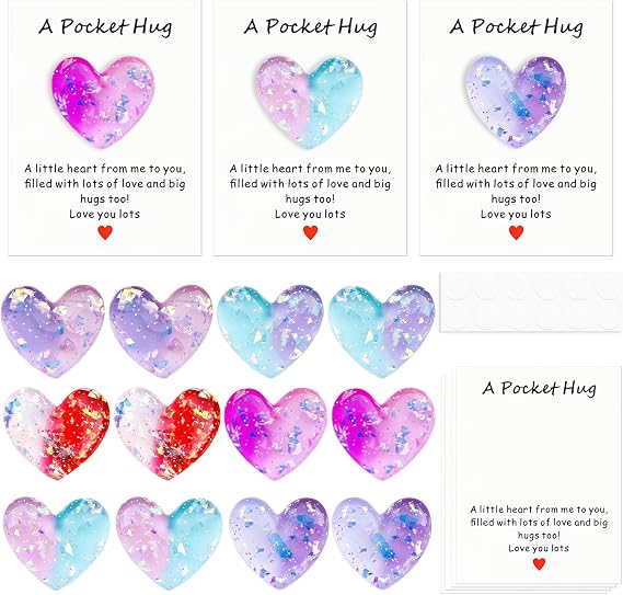12 Sets Pocket Hug Heart with Greeting Cards, Gift for Valentines Day, Keepsake Exchange Card Gift for Colleagues Family, Small Emotional Support Gifts, Easter Basket Stuffers, Distance Social Present