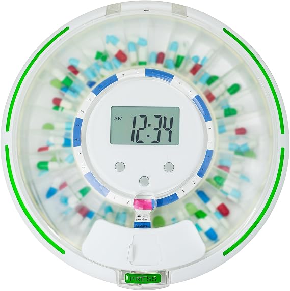 Automatic Pill Dispenser,Lock 28-Day Medication Organizer, Up to 6 Doses Per Day, 6 Dosage Templates, Sound & Light Alerts & Key for Vitamins, Supplements (Frosted Lid)