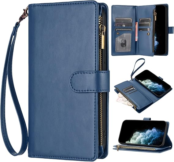 Compatible with Realme GT5 240W 5G, Zipper Wallet Cover with Multiple Card Holder Slots Shockproof Kickstand Case with Wrist Strap-Blue