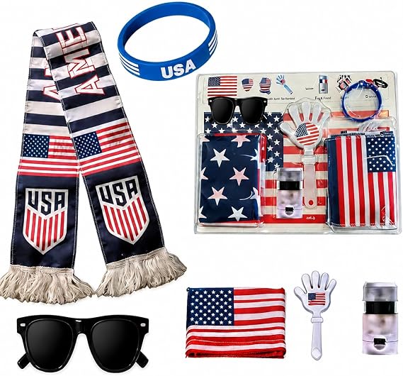 2026 USA Soccer Fan Kit 6 Piece Set, World Cup Football Party Gear with Patriotic Scarf, Flag, Face Painting Accessory, Hand Paddle, Wristband, Soccer Fans Game Day Accessories