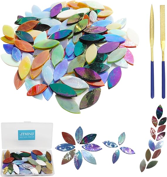 LITMIND 120 Pcs Iridescent Leaf Stained Glass Mosaic Tiles Precut Petals for Crafts, Mixed Sizes with Files, DIY Mosaic Art Supplies