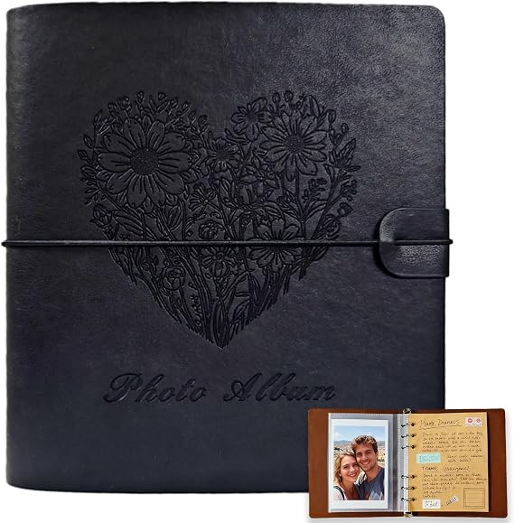 Photo Album 4x6, Leather Scrapbook Album with 50 Photos and 20 Writing Paper, DIY 6 Ring Binder Photo Album for Wedding Kids Birthday Family Travel (Black)