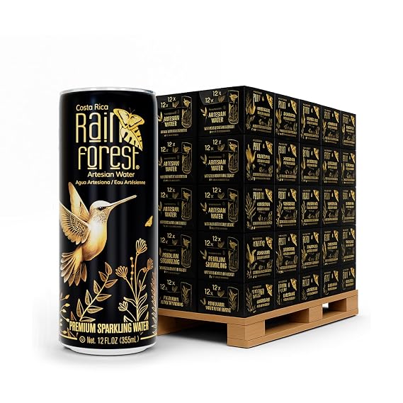 Rainforest Sparkling Water Cans | Pallet 12 Boxes, Each with 12 Cans (355 ml Each) | Crisp Carbonated Water for Pure Refreshment | Naturally Sourced Drinking Water in Eco-Friendly Packaging