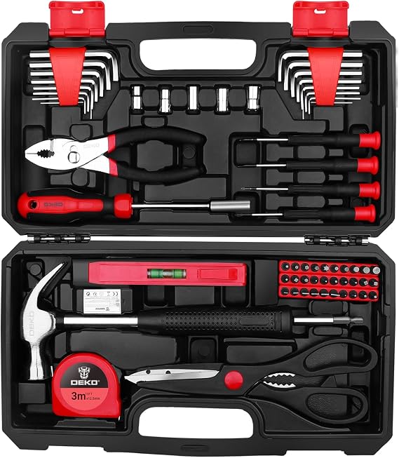 Deko Red 62 Pcs Small Tool Kit Set for Home DIY Repairs & Crafts | Essential Compact Tool Set With Screwdriver Set, Hammer & Pliers, Mini Tool Box. Ideal For Women, Ladies, Home, Office, Dorm.