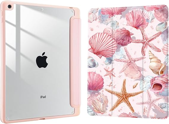 Joyland Pink Conch Shell for iPad 7th/8th/9th Generation Case (2019/2020/2021) 10.2 inch,Built-in Pencil Holder with Shockproof Cover Clear Transparent Back Shell Auto Wake/Sleep,Pink