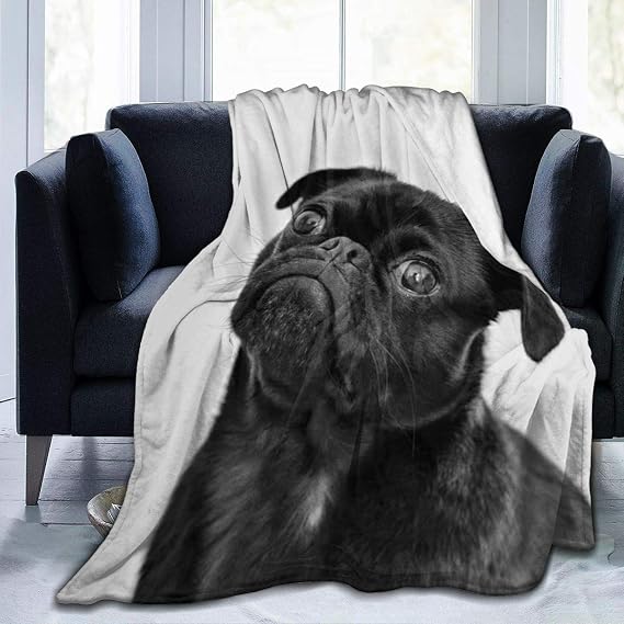 Cute Black Pug Dog Printed Blanket Throw Lightweight Soft Micro Fleece Throw Blankets Fit Couch Bed Living Room Sofa Chair 60"X50"