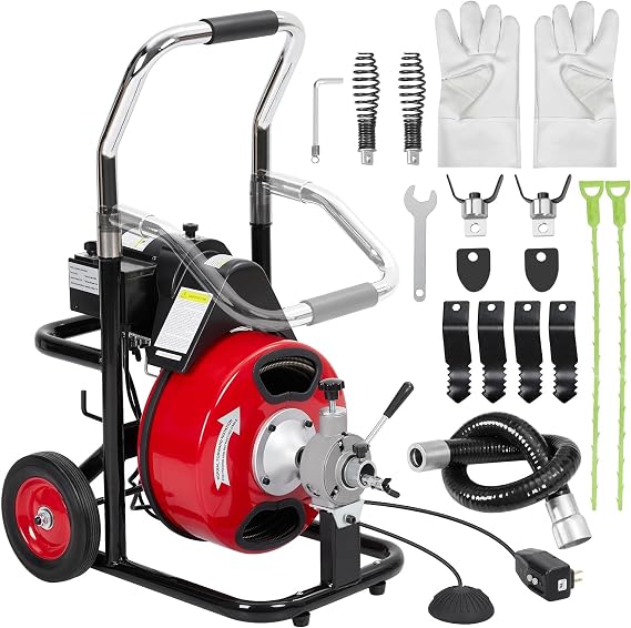 Drain Cleaner Machine K-300K 100FT 3/8inch, Professional Electric Drain Auger for 1 to 4 Inch Pipes, Portable Electric Drain Snake with 4 Cutters & Foot Switch