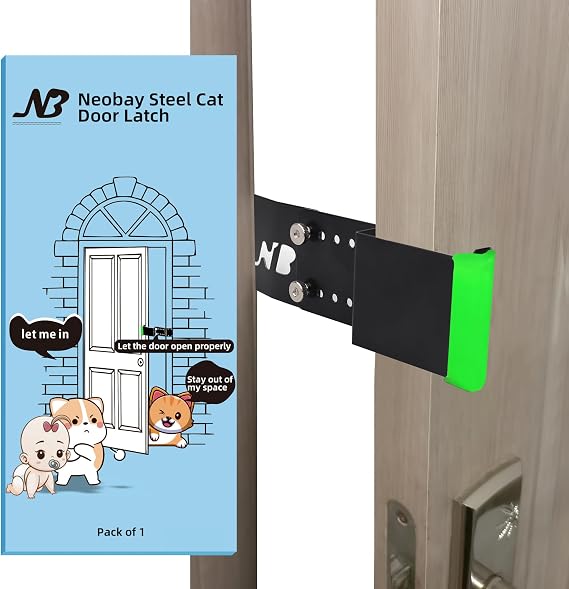 Neobay Steel Cat Door Latch, Door Prop for Cats Keep Dogs Out of Cat Feeding Station & Litter Box, Cat Door Stopper with Silicone Anti-Collision Pad, Alternative to Interior Pet Door,Steel Black