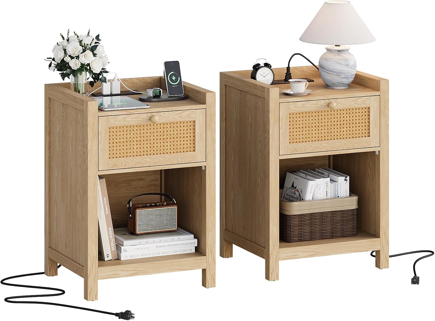 Rattan Nightstand Set of 2 with Charging Station, Boho Bed Side Table with Drawer & Open Shelf, Farmhouse Night Stand End Table for Bedroom, Dorm, Living Room