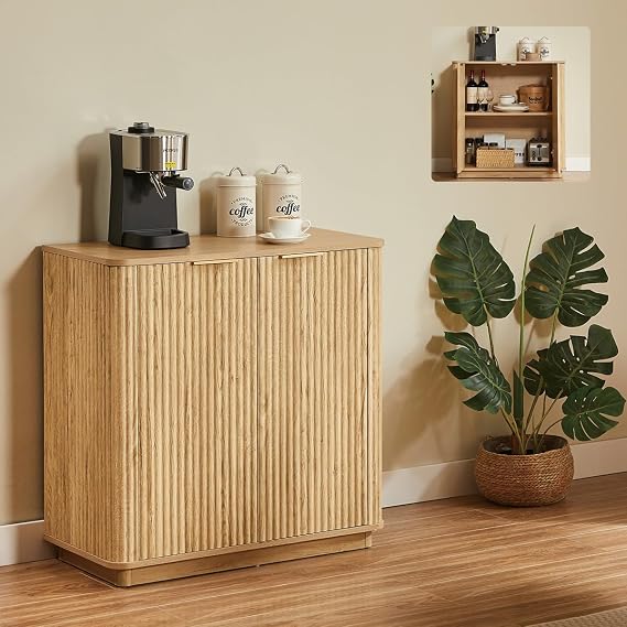 31.5" Fluted Sideboard Buffet Cabinet with Storage, Mid-Century Modern Fluted Credenza with 2 Doors and Adjustable Shelves, Curved Coffee Bar Console Table for Kitchen Living Room (Oak)