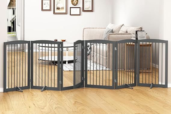 PUPETPO Freestanding Pet Gate with Door, Tall Dog Gate for House, Dog Gates for the House Extra Wide, Pet Puppy Safety Fence, Support Feet Included, 120 Inch Wide, 6 Panels 32" Tall, Gray