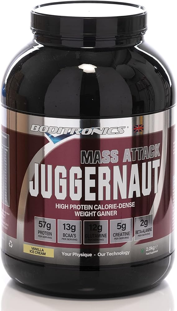 Boditronics Mass Attack Juggernaut Powder for Weight Gainer Powder, All in One Muscle Mass Gainer, High Protein Powder for Men and Women,5g Creatine, BCAA, Glutamine & Beta Alanine (Vanilla Ice Cream)