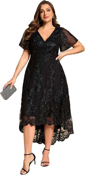 Ever-Pretty Plus Women's V Neck Short Sleeves High Low Embroidery A Line Plus Size Midi Formal Wedding Guest Dresses 02255-DA