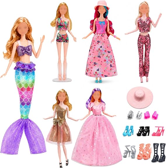Doll Clothes & Accessories Set, 6 Pink Dresses + Sun Hat + Bracelets + 6 Pairs of Shoes, Fits 11.5 Inch Fashion Dolls(No Dolls)