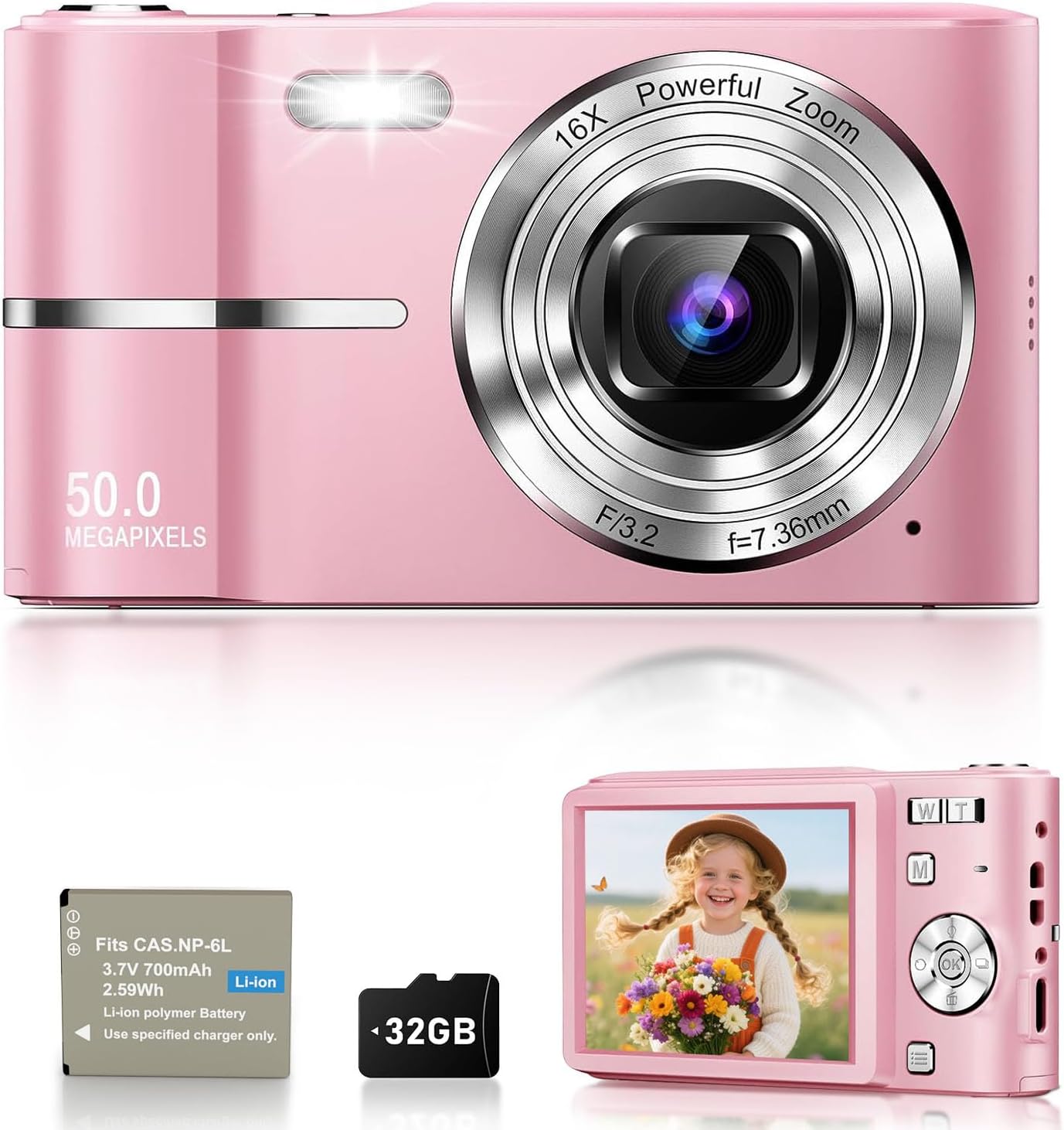 Digital Camera, 1080P FHD Vlogging Camera 50MP Compact Portable Photo Camera with 2.4" Screen, 16X Digital Zoom Mini Small Pocket Camera for Kids Students with 1 Battery, 32GB Card Pink