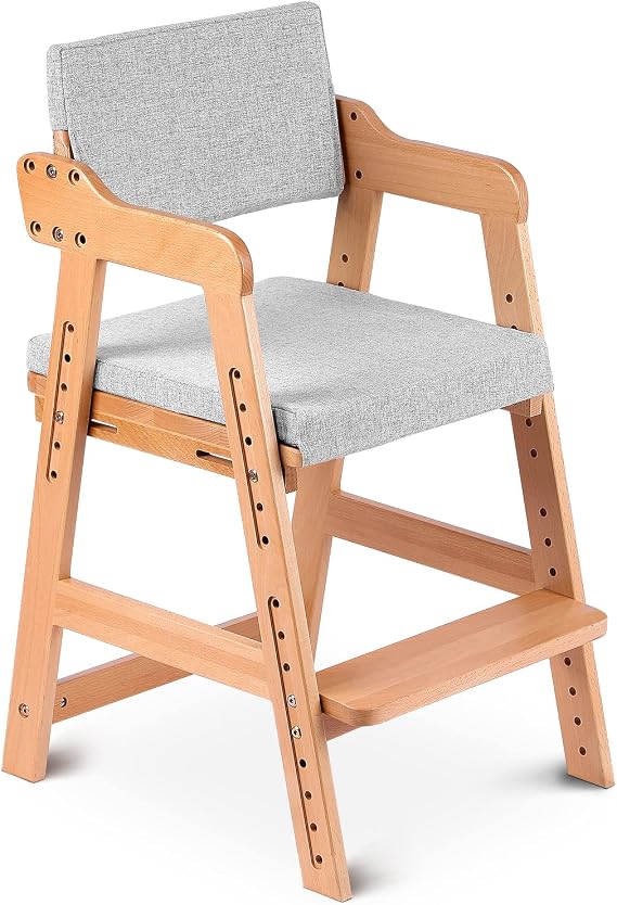 Ezebaby Hochstuhl höhenverstellbarer Holzhochstuhl für kinder von 3 bis 12 Jahren Buchenholz Kinderstuhl Lehrstuhl Stabil & Sicher bis 90 kg für Kinder und Erwachsener (Natur)
