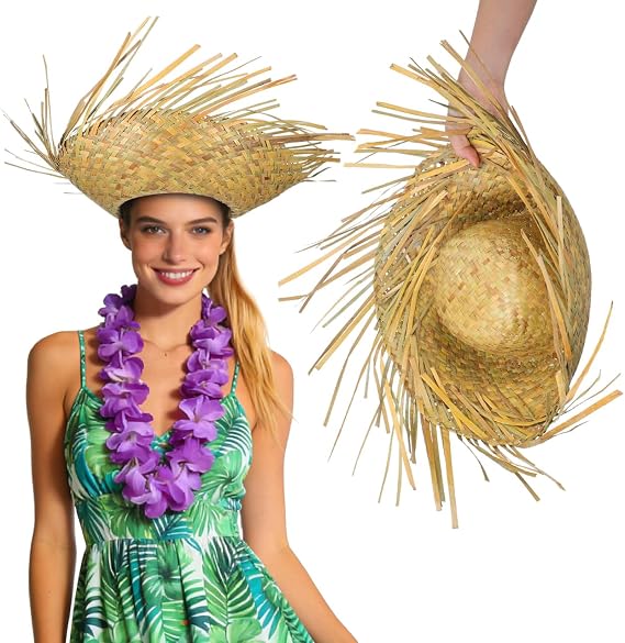 TENDYCOCO Beach Straw Sun Hat for Women Men, Wide Brim Woven Straw Hat, UV Protection, Lightweight Breathable, 14.15 Inch Summer Beach Outdoor Fishing Hawaiian Party Accessories