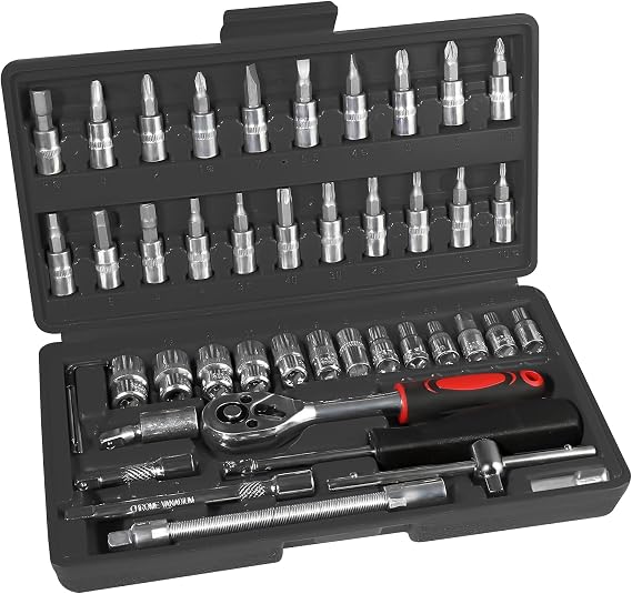 46 Piece 1/4" Drive Ratchet Socket Set, Ratchet Wrench Set - Socket Wrench Ratchet Tools Kit, Extension Bar Screwdriver Bits for Household DIY, Bike Repair - 1/4 inch Quick Release