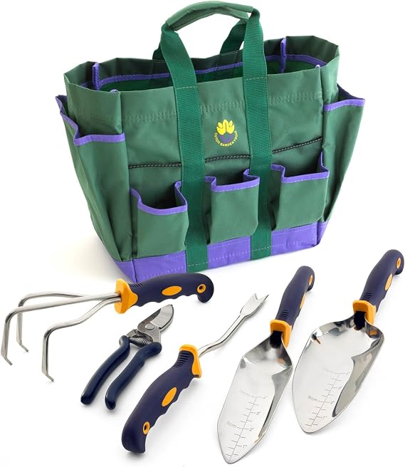 CUTCO Model 331 6-Pc. Garden Tool Set - #300 Cultivator, #301 Weeder, #302 Transplanting Trowel, #304 Garden Trowel, #1527 Bypass Pruner, and canvas CUTCO tool bag