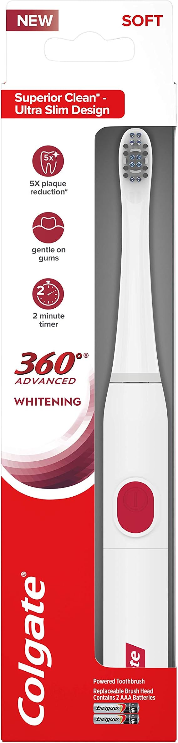 Colgate, 360 Advanced Sonic Battery Power Toothbrush Soft, Whitening, 1 Count