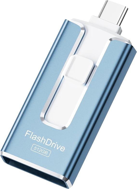 MFi Certified 512GB Flash Drive for iPhone, 3 in 1 Type-C USB Memory Stick Thumb Drive for Photos Videos Storage, High Speed External Memory Storage Photo Stick for iPhone iPad Android PC (Sky Blue)