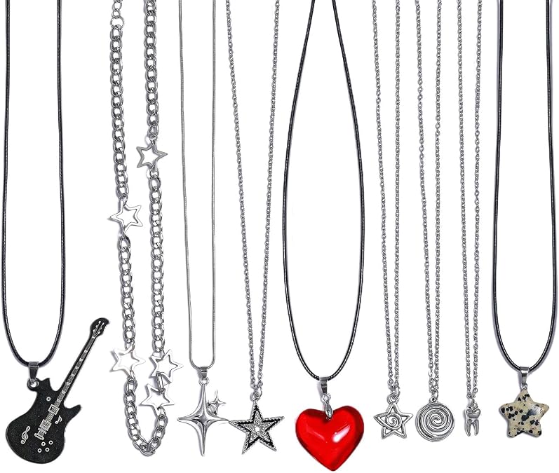 9 Pcs Y2K Grunge Goth Heart and Star Necklace Set for Women - Emo and Scene Accessories