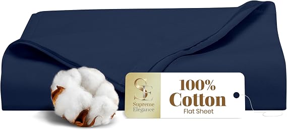 SUPREME ELEGANCE 100% Cotton King Flat Sheet Only, Dark Blue, Percale Weave, Cooling & Crisp King Size Bed Sheets, Breathable Sabana Plana King, Top Sheet Only (108" W x 102" L)