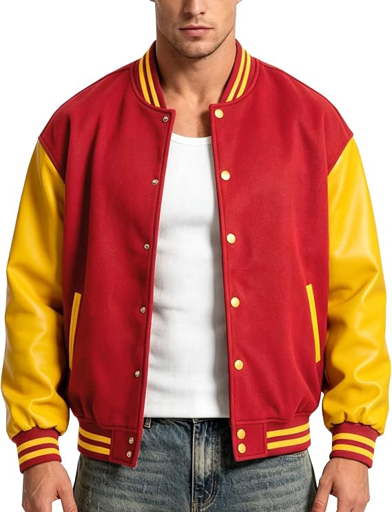 Men's Varsity Jacket Letterman Bomber Faux Leather Sleeve Casual