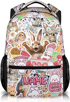 Custom Kids Backpack for School, Cute Bunny Backpacks for Girls & Boys, Cartoon Rabbits Large Capacity Bookbag for Preschool Kindergarten Elementary, Personalized Name School Suppies