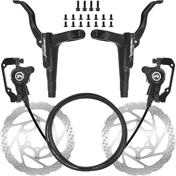Hydraulic Brake Set, MTB Disc Brake Set with Front 80cm & Rear 140cm Hoses. Breaks for Bikes, Includes 2 x 160mm Rotors & Mounting Screws for Mountain Bike Brakes, Rear Brake Compatible