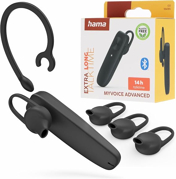 Hama "MyVoice Advanced Mono Bluetooth® Headset, Black | With volume control, 250 hours standby time, smartphone & music functions controlled via multi-function button on headset