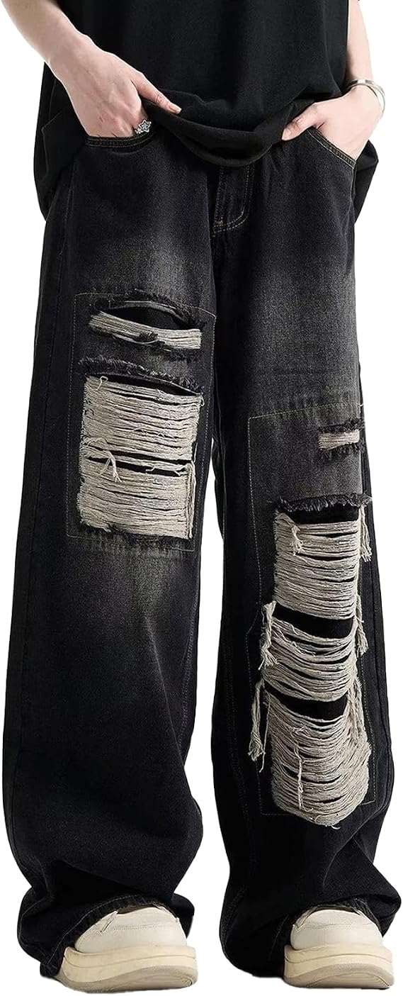 Baggy Jeans Men Ripped Distressed Y2K Cargo Pants Loose Fit Skateboard Baggy Pants Hip Hop Jeans Streetwear