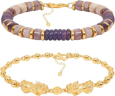 2Pcs Beaded Bracelets for Women Feng Shui Healing Crystals Protection Bracelet Gold Adjustable for Girls