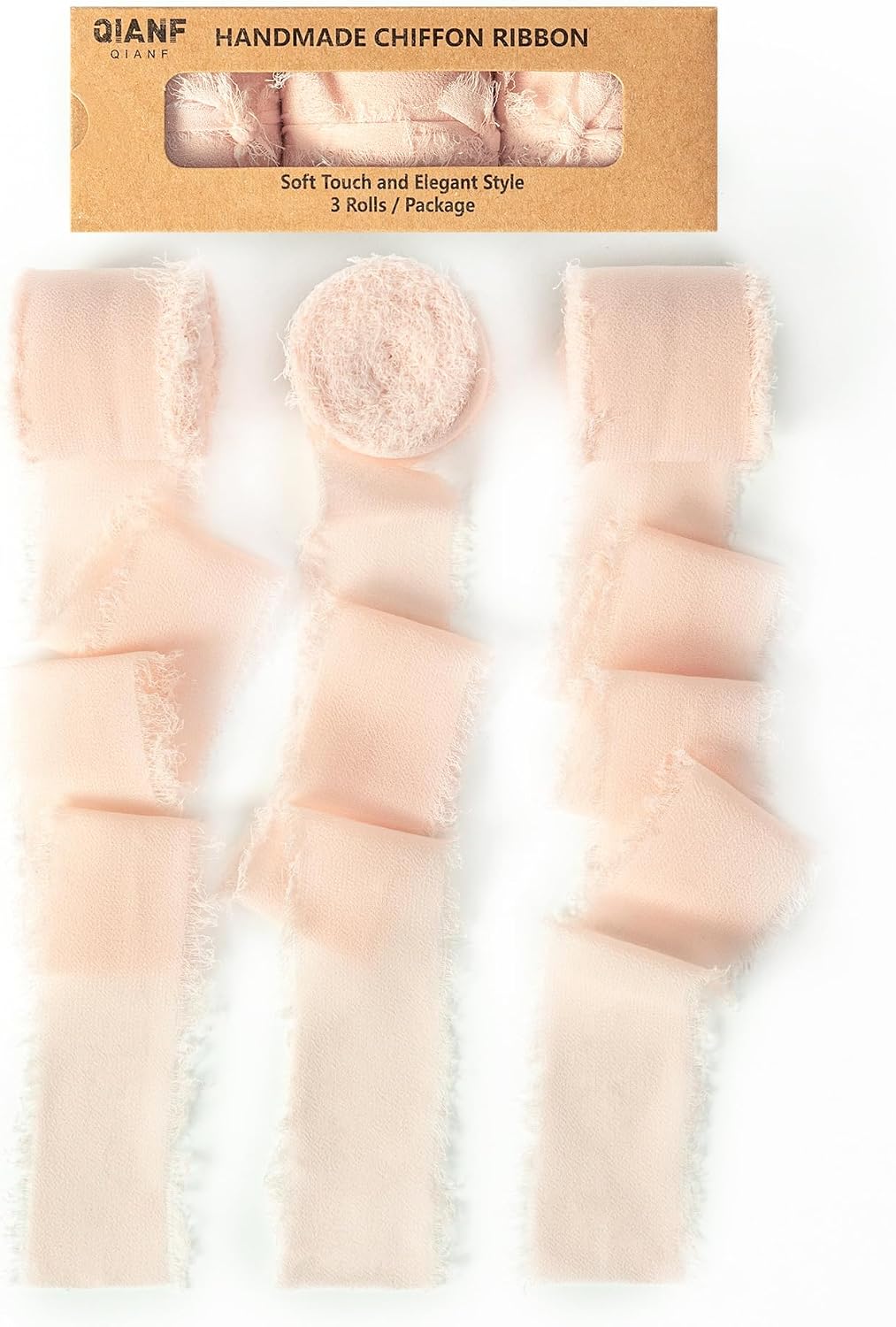Blush Pink Handmade Fringe Chiffon Ribbon 1-12 inch x 21 Yard Frayed Silk Ribbons for Wedding Invitations, Flower Bouquets, Gifts Wrapping, Bridal Shower, Party Decorations