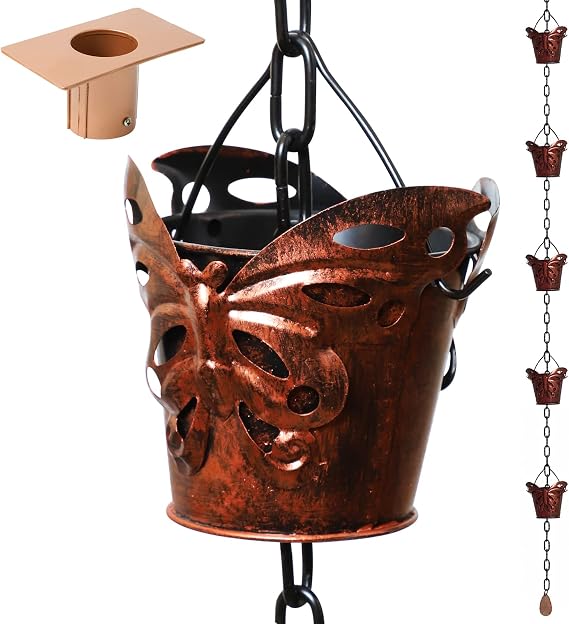 8.5FT Butterfly Iron Rain Chain for Gutters and Rain Barrel+Adapter, Bronze