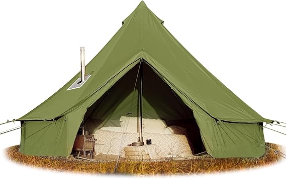 Cotton Canvas Bell Tent With Stove Jack - Glamping Yurt, Waterproof and Breathable 4 Season Tent With Zipped Removable Floor