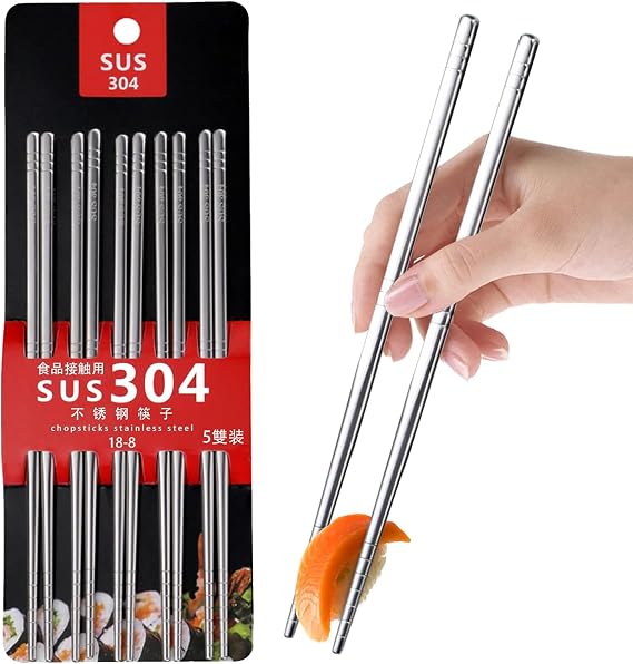 5 Pairs Stainless Steel Chopsticks Metal Chopsticks Reusable Non-Slip Chopsticks Dishwasher Safe Japanese Chopsticks Metal Chopsticks Set Personalised Gift (Silver)