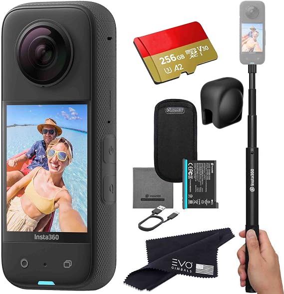 Insta360 X3 - Waterproof 360 Action Camera with 1/2" 48MP Sensors, 5.7K 360 HDR Video, 72MP 360 Photo, 4K Single-Lens, 2.29" Touchscreen, AI Editing |Bundle Includes Selfie Stick,Lens Cap&256GB